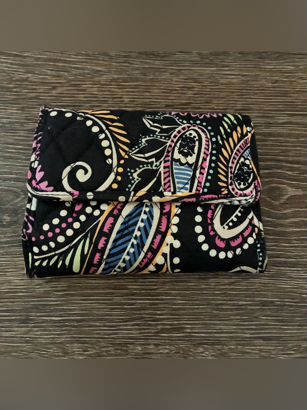 Vera Bradley Quilted Paisley Fold-Over Wallet in Black with Multicolor Accents
